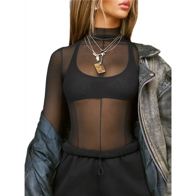 

ABRT-Mesh Long Sleeve Top For Women, Lace Sheer Tops See Through Mock Neck Floral Embroidery Sheer Blouce Shirt