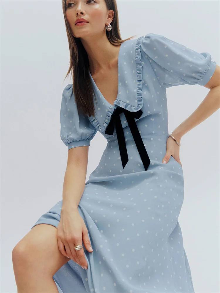 Pre-order Turn-down Collar Bow Dress for Women Polka Dot Print Short Sleeve Elegant Preppy Style Midi Dresses 2024 New