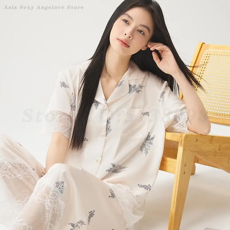 2026 New Summer Pajamas Set Short Sleeve Top&pants 2Pcs Ice Silk Loungewear Women Printed Sleepwear Loose Home Clothes Nightwear 5
