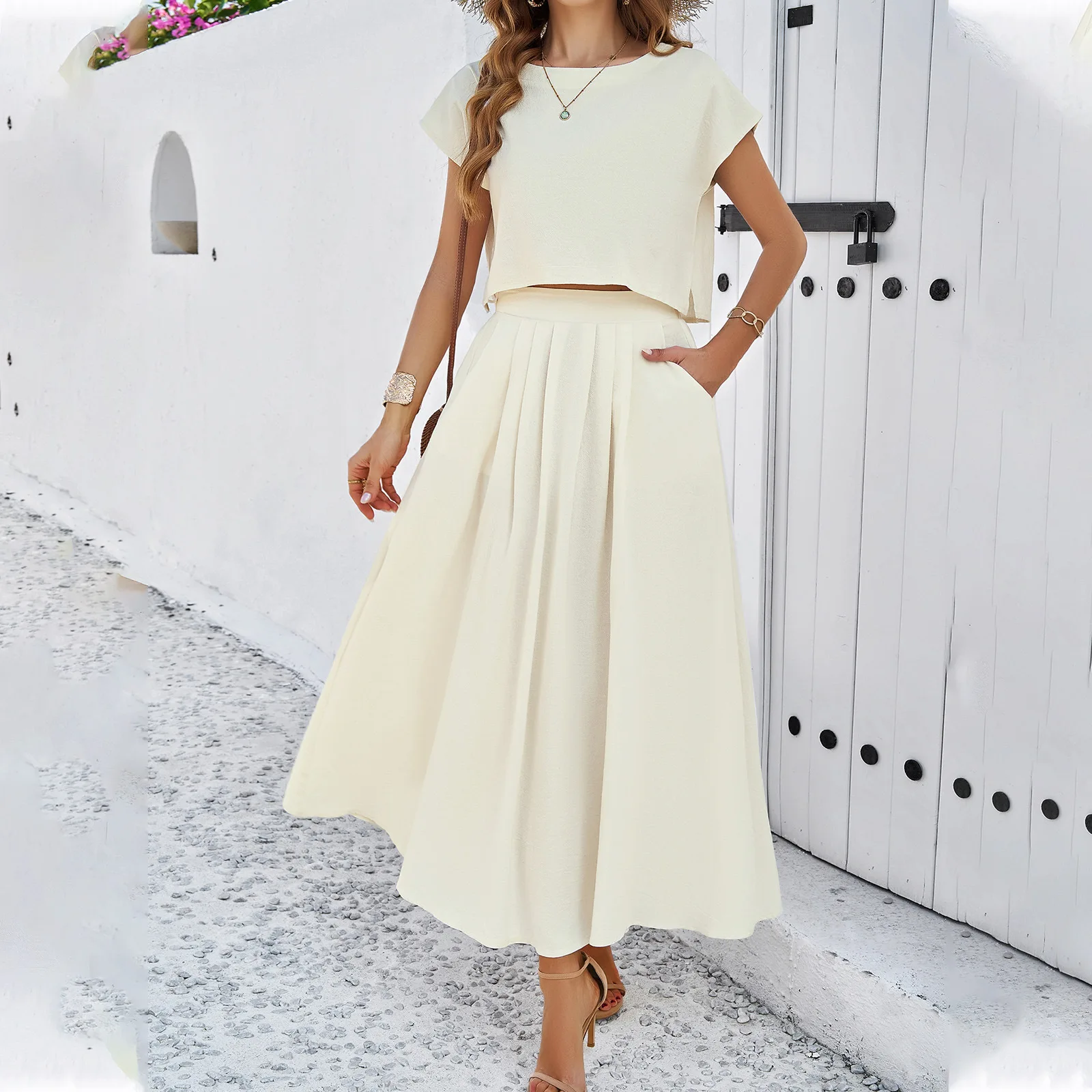 2025 New Summer Womens 2 Piece Outfit Set O-neck Lady's Short Sleeve Tops Solid Color Female Skirt Women's Clothing Sets