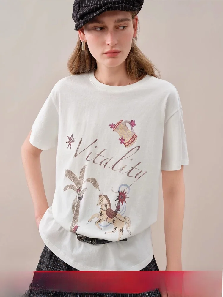 

Versatile Loose round Neck T-Shirt Women's Summer New Style Cotton Retro Pattern Printed Casual Comfortable Top