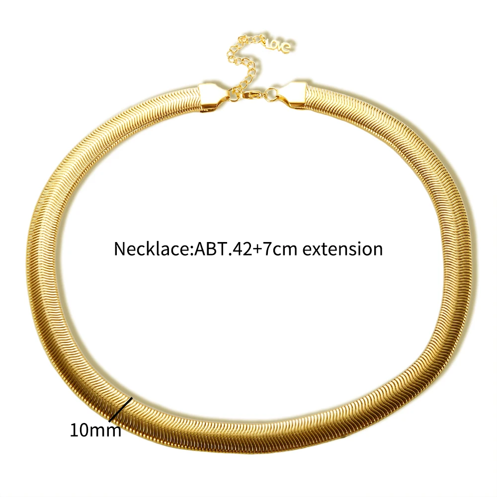 Edelstahl-Halskette, minimalistische metallische Textur, Schlangenkette, 18 Karat vergoldet, flach, dick, Halsketten, Armband für Unisex-Schmuckset – Detail 8