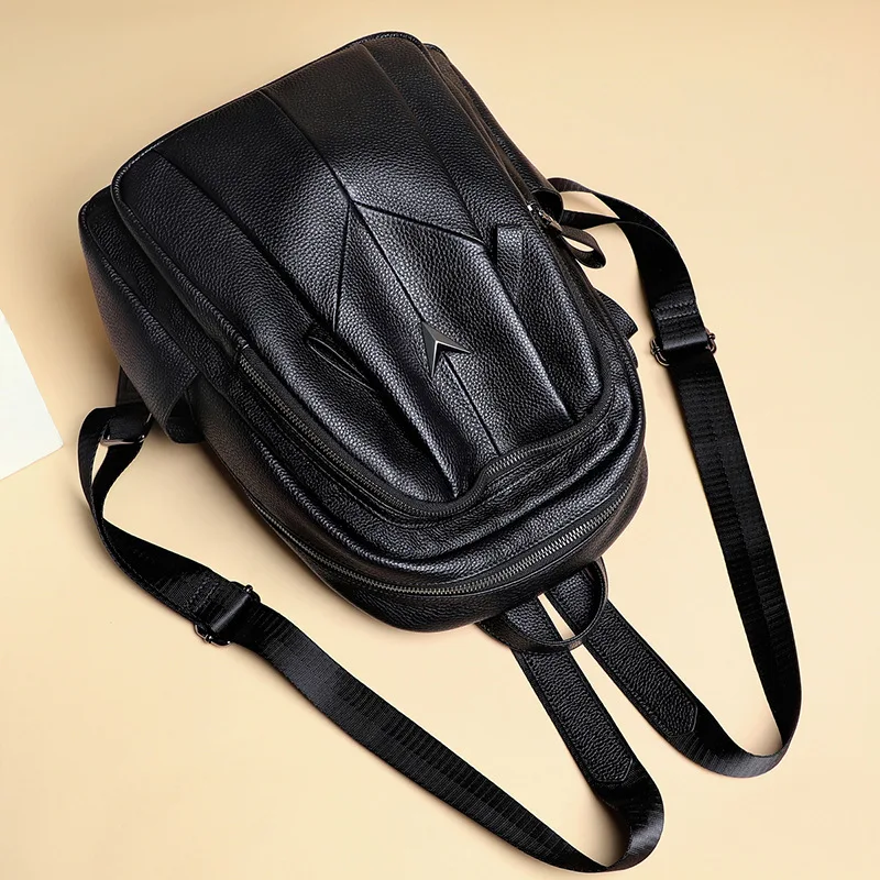 Women Black Genuine Cowhide Leather Backpack Anti Theft Hidden Zipper Casual Shoulder Bag with Side Pockets for Daily