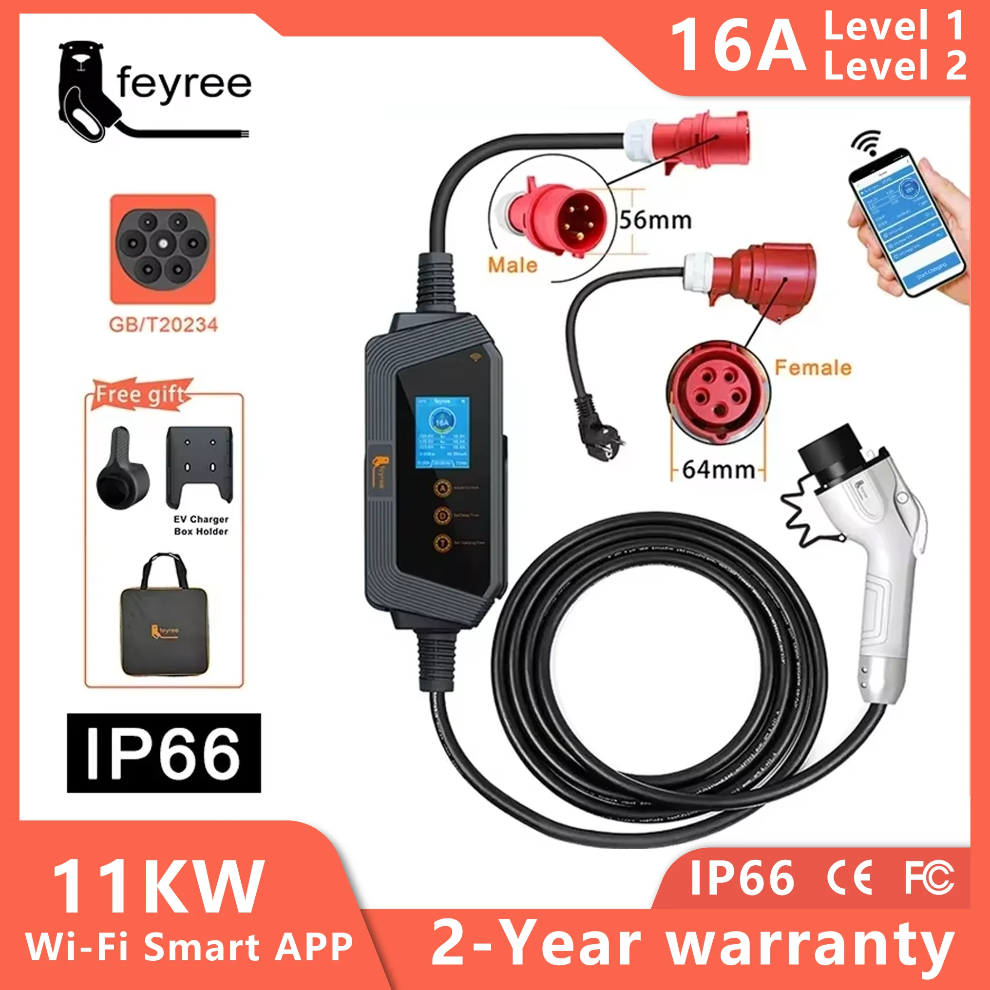 Feyree GBT Cord EV Портативное зарядное устройство APP WIFI Control 11KW 16A 3-фазный зарядный блок EVSE 5 м Кабель CEE Plug для электромобиля