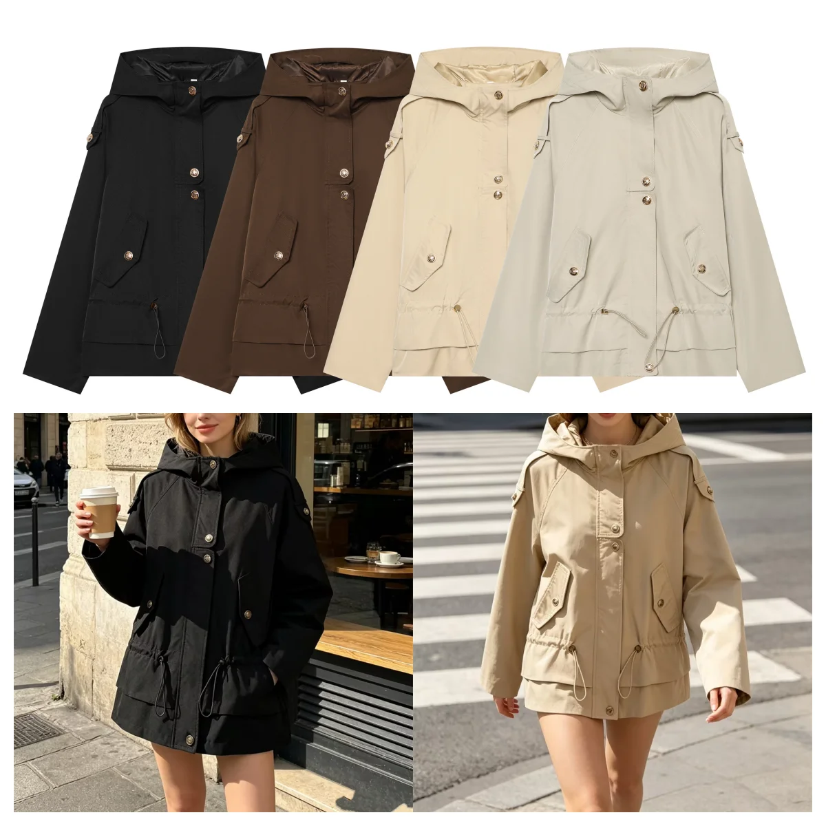 Guobioziy Women's Jacket 2026Autumn/Winter Drawstring Decorative Loose Hooded Trench Coat Casual Fashion Women's Jacket