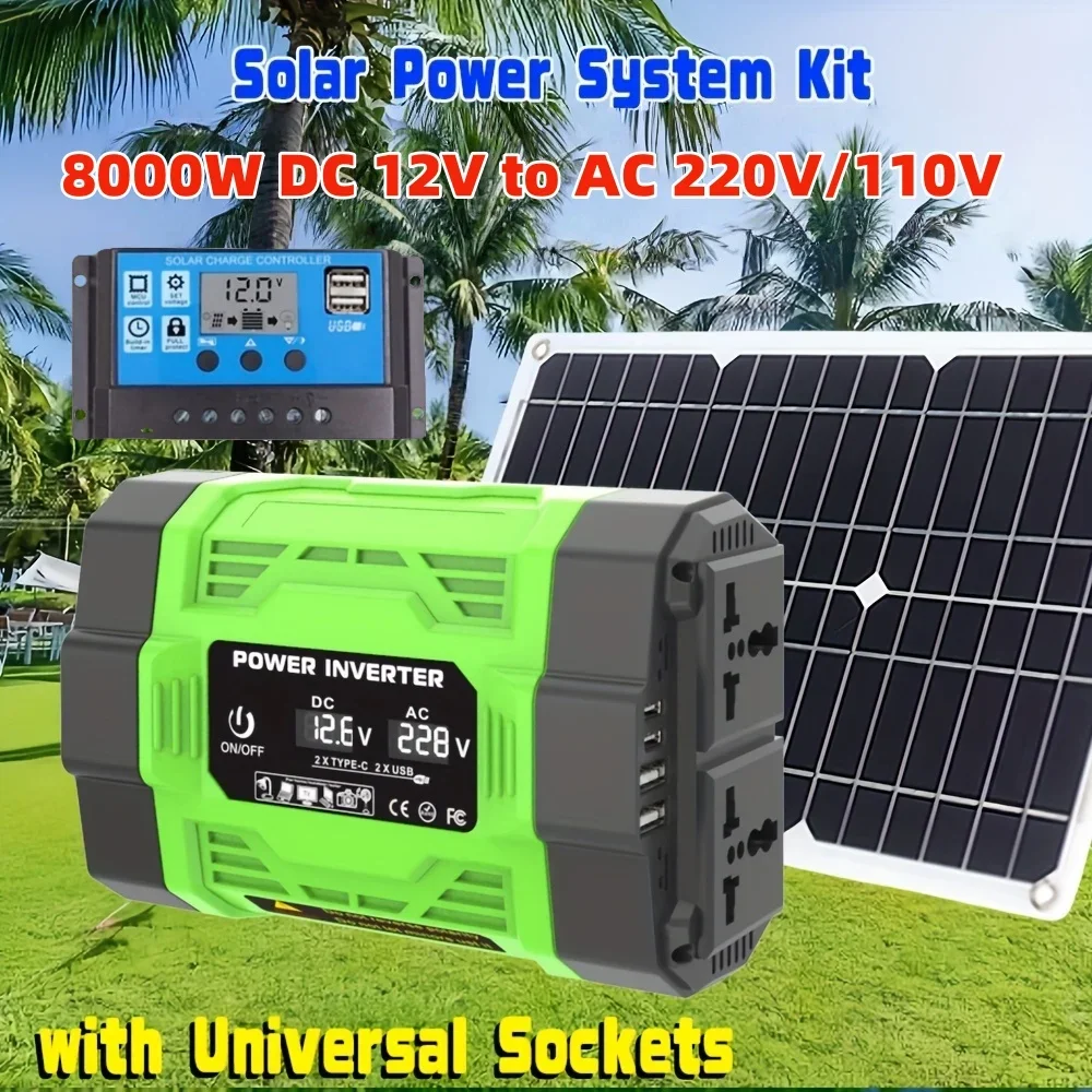 8000W Solar System Kit 12V to AC 220V/110V Inverter +600W Solar Panel +100A Controller, Suitable for Charging RVs, Cars, Laptops