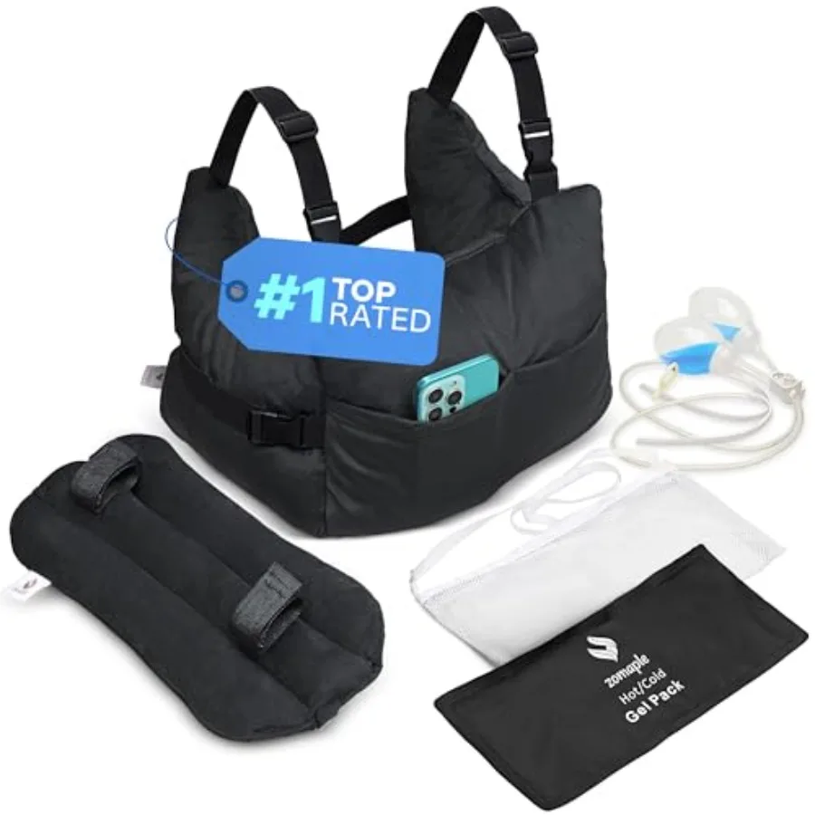 

Mastectomy Recovery Pillow with Strap, Gel Pack, Seat Belt Cover and Shower Lanyard Post-Op Essentials, Breast Augmentation/Red