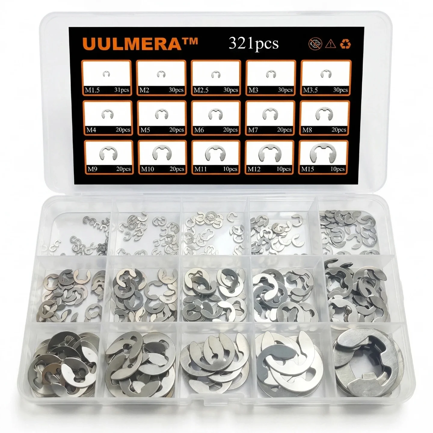 231/321pcs 304 Stainless Steel E-Clips Assortment Kit External Retaining Rings Set M1.5-M15 Metric Snap Ring for Marine Auto