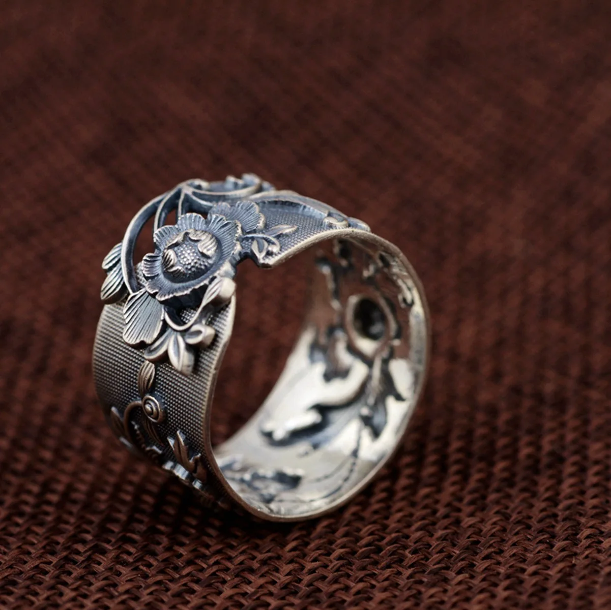 S925 Sterling Silver Peony Flower Rings for Women Ethnic Adjustable Embossed Design Retro Wide Ring for Couples Banquet Jewelry