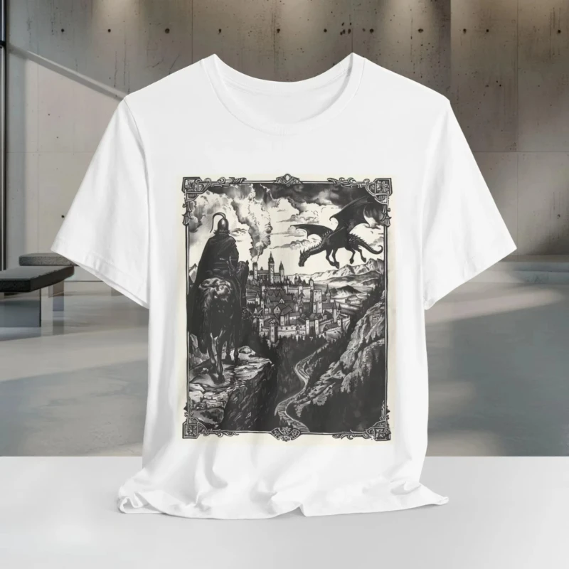 Medieval Knight and Dragon Shirt Fantasy Castle Battle Scene Tee Dark Fantasy Art T-Shirt Bella Canvas Men Clothing