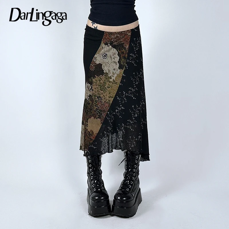 

Darlingaga Grunge Printed Boho Maxi Skirt Asymmetrical Lace Patchwork Graphic Printed Fairycore Women Skirt Vintage Clothes Chic