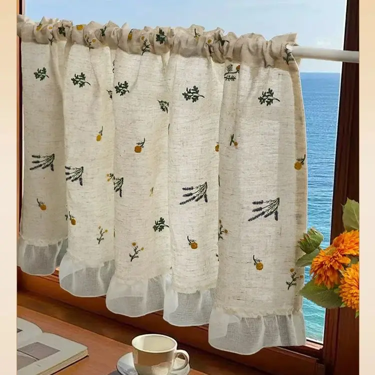 

Farmhouse Cotton Linen Short Curtain with Tassel Floral Blackout Living Room Bedroom Drapes Bohemian Window Beige Vintage