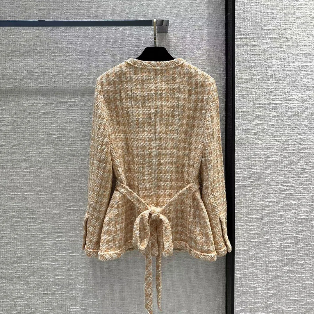 Fashion Runway Design Orange Gingham Plaid Tweed Jacket Sweet O-neck Long Sleeve Single Breasted Slim Belt Silk Liner Retro Coat