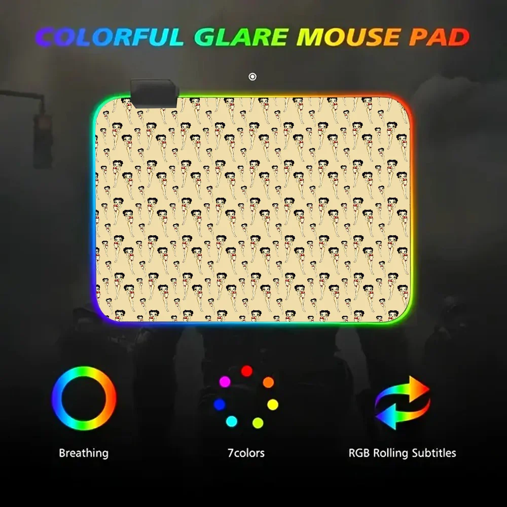 B-Betty-Cute-Boop Mousepad RGB Small Size Gaming Mouse Pad With LED Light Desk Mat Super Smooth Non-slip Rubber Bottom