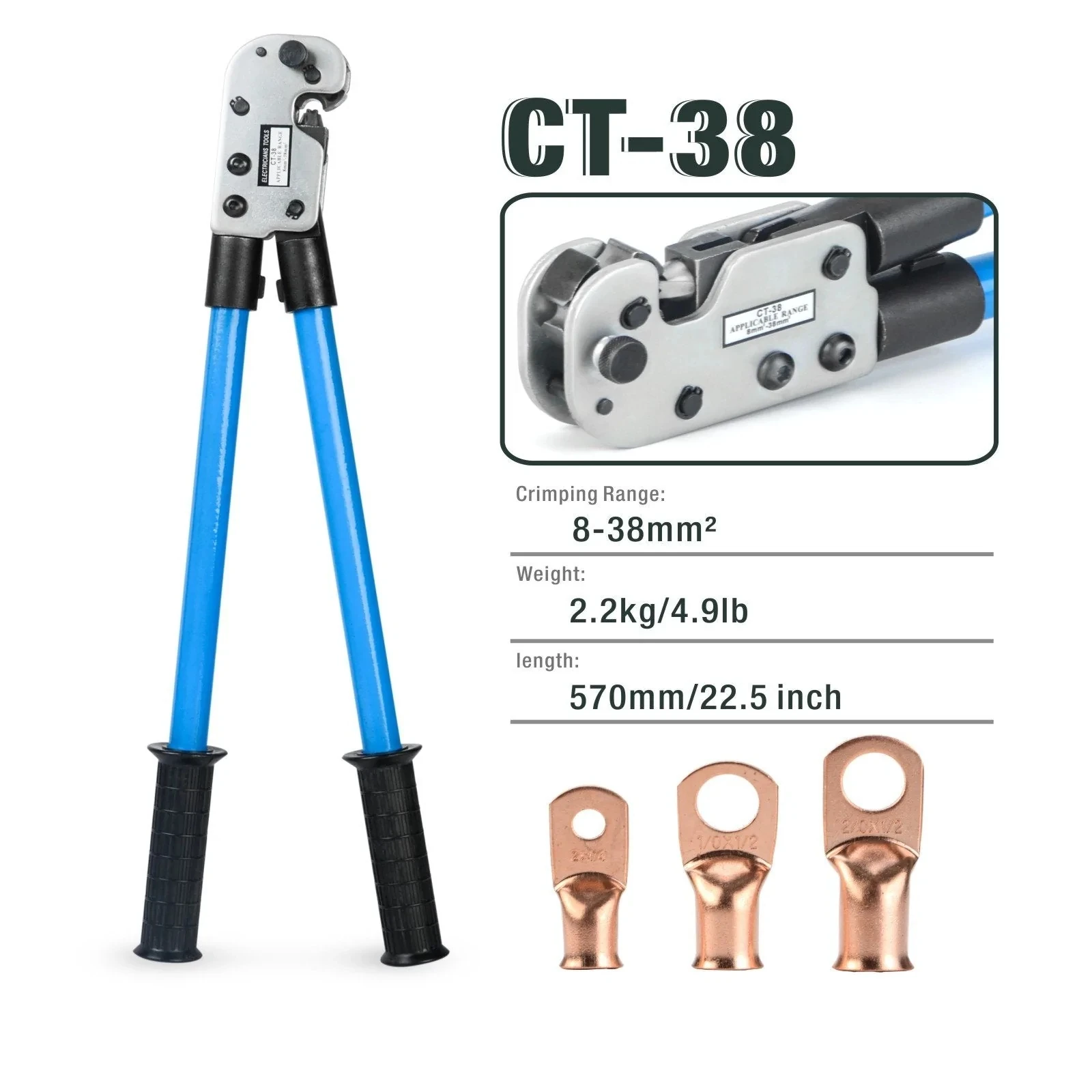 

CT-38 Cable Lug Crimping Tool for Battery & Welder Cables Hand Crimping Plier with Long Handle 8-38mm2 AWG8-3/0