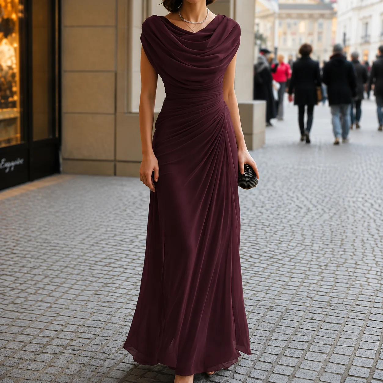 Women's Cowl Neck Maxi Dresses Elegant Ruched Sleeveless Evening Gown Long Party Dress Formal Wedding Guest Dress - view 5