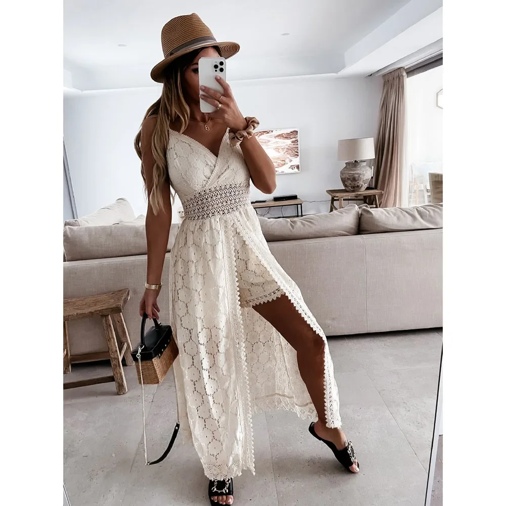Zeyla-mono de verano con cuello en V para mujer, pelele sin mangas de encaje liso, traje de fiesta de cintura alta, vacaciones en la playa, blanco