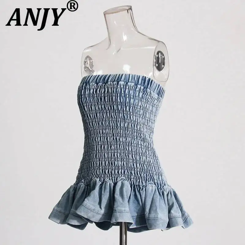 

ANJY 2025 Summer New Women's Tide Chic Y2K High Street Sexy Ins Fashion Strapless Pleated Patchwork Ruffles Denim Vest Top A7211