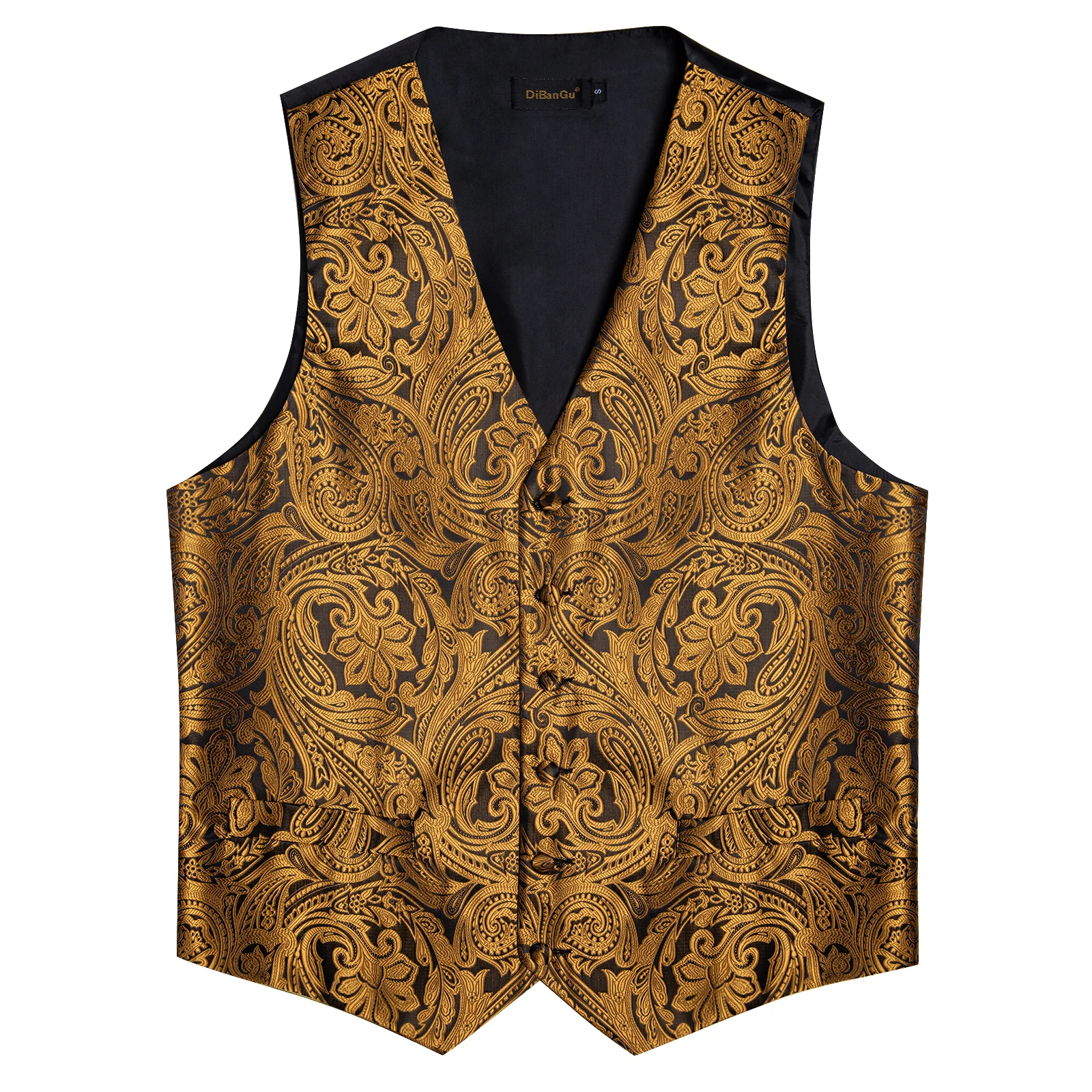 Causal Gold Floral Men's Business Vest Luxury Necktie Pocket Square Cufflinks Sets for Party Sleeveless Chaleco Hombre Waistcoat