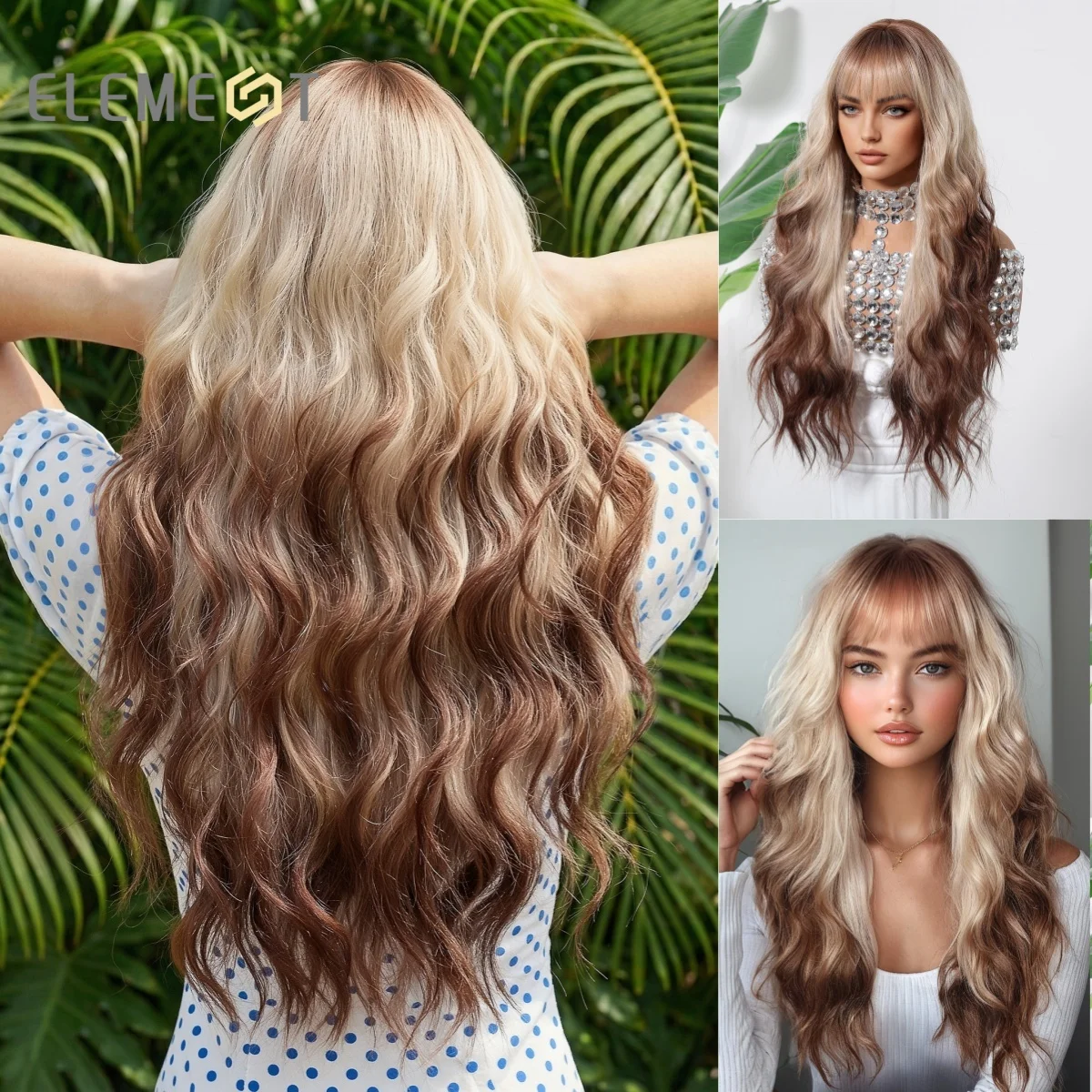 

Blonde to Brown Ombre Long Wavy Synthetic Wig with Bangs Darker Ends for Women Heat Resistant Gradual Color Hair for Daily Party