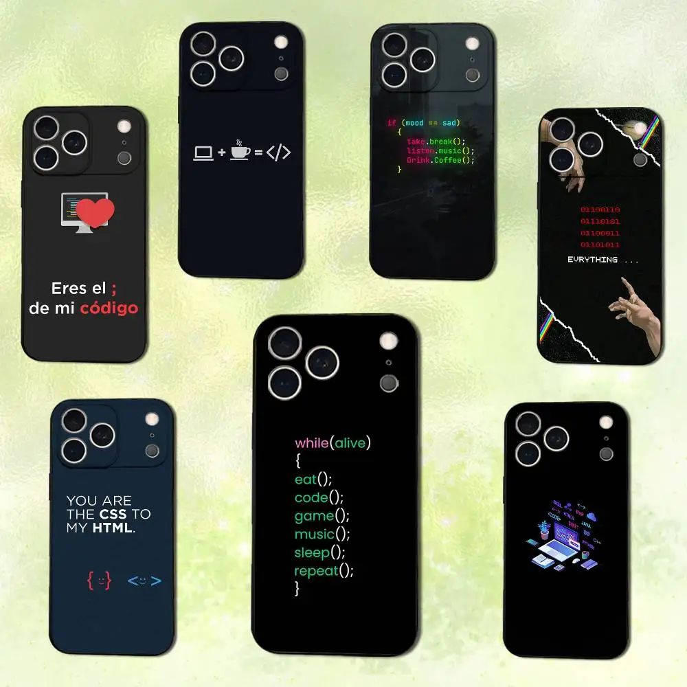 حافظة هاتف جافا فن البرمجة لهاتف آيفون 14,13,17,12,11,16,15,Plus,Pro Max,XS,X,XR,SE,Mini,Soft غطاء أسود من السيليكون