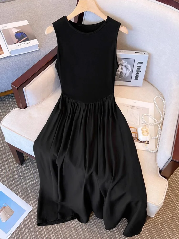 

Bla round Ne Svel A-Line Dr Women's Spring Thin Faionable Slimming Midi Length Vest Dr High Waist Korean Sle