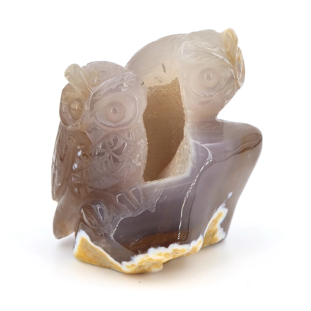 

2.9" Double Owl Statue Natural Gemstone Gray Agate Geode Crystal Carved Reiki Healing Stone Figurine Crafts Halloween Home Decor