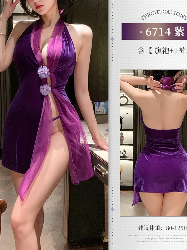 Exotic Fairy Dress Tank Mini Dress V Neck Mesh Lace Purple Velvet Lady Cheongsam Sexy Pure Desire Dress Elegant Fashion Tops LW7