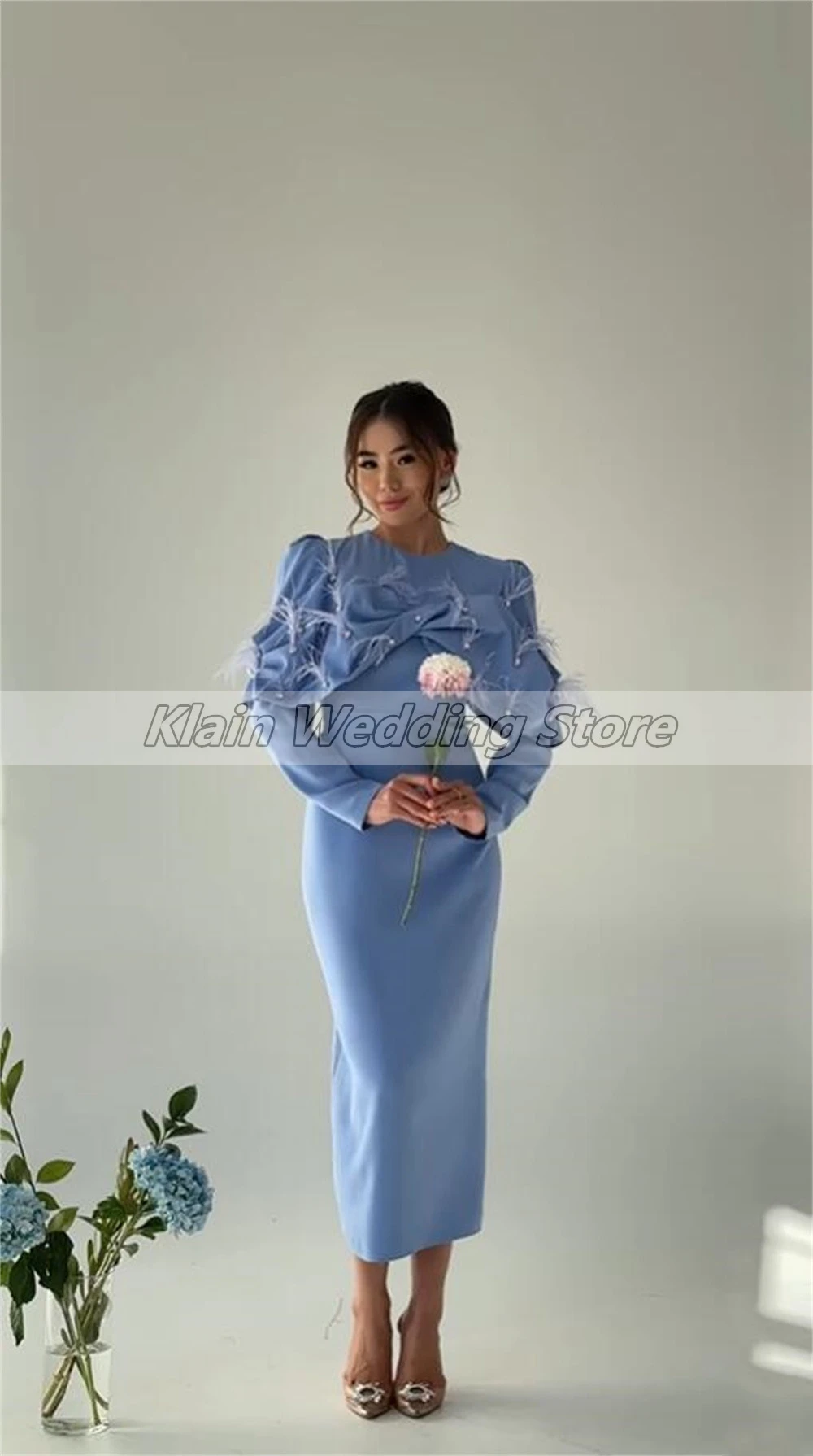 Customized Feathers Round Neck Formal Party Dress Long Sleeve Ankle-Length Evening Dresses Straight Promm Gown فساتين للحفلات ال