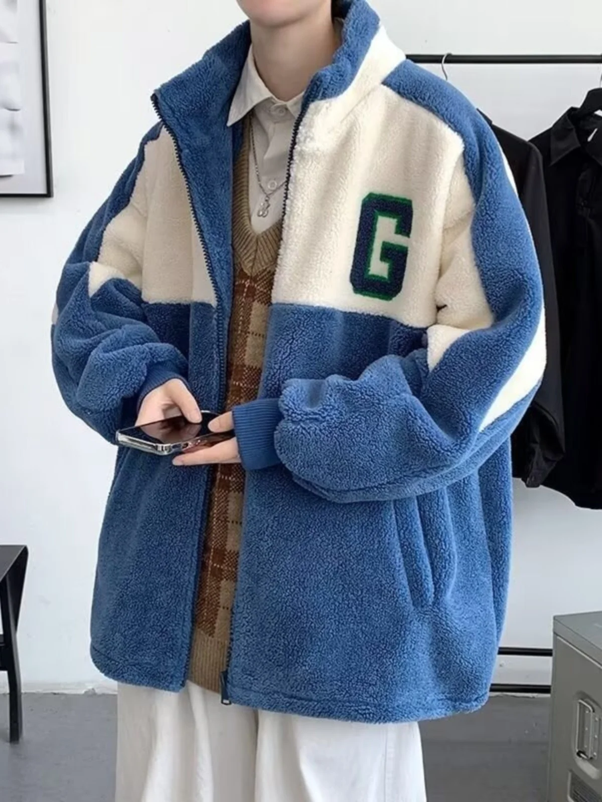 Lamb Fur Jaet Men's Casual Cotton Coat Thiened Autumn Winter New Sle Zipper Closure Long Sve Stand Collar Jaet