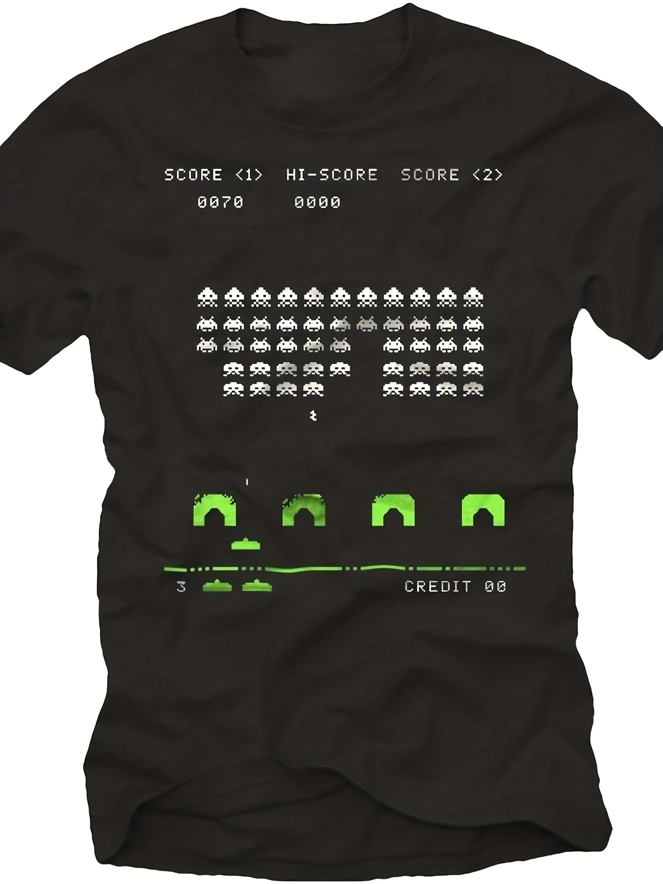Men'S Retro Arcade Space Invaders Pattern T-Shirt Vintage Game Design Neon Green Aliens and Classic Score Display