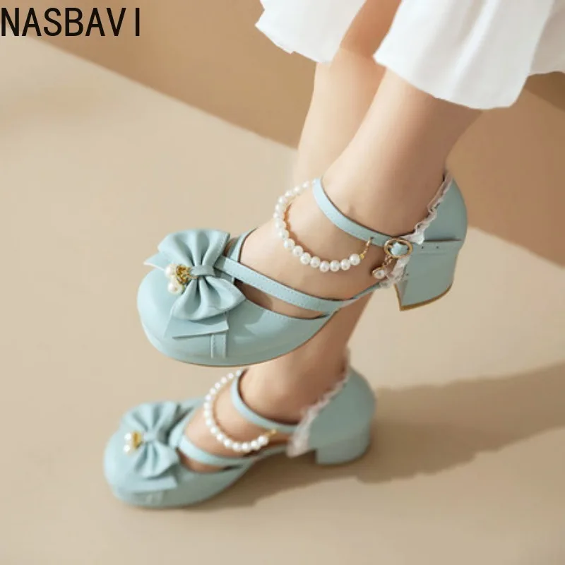 

NASBAVI Spring Pearl Ankle Strap Women High Heels Mary Jane Pumps Party Wedding Cosplay Bow Princess High-heeled Lolita Shoes