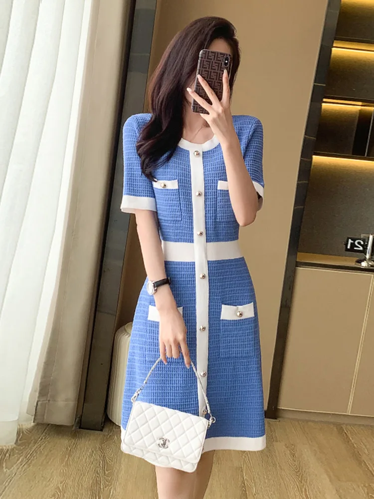 2024 Elegant Slim Knitted Mini Dress Women\'s Short Sleeved Round Neck Designer Vintage Dresses Blue Knitted One-piece Dress