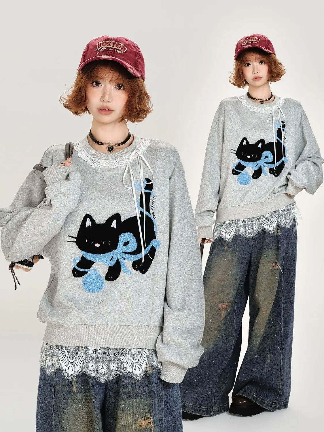 

Japan Gray Spliced ​​Hem Lace Pullover Round Neck Sweatshirt For Women New Loose Top Autumn