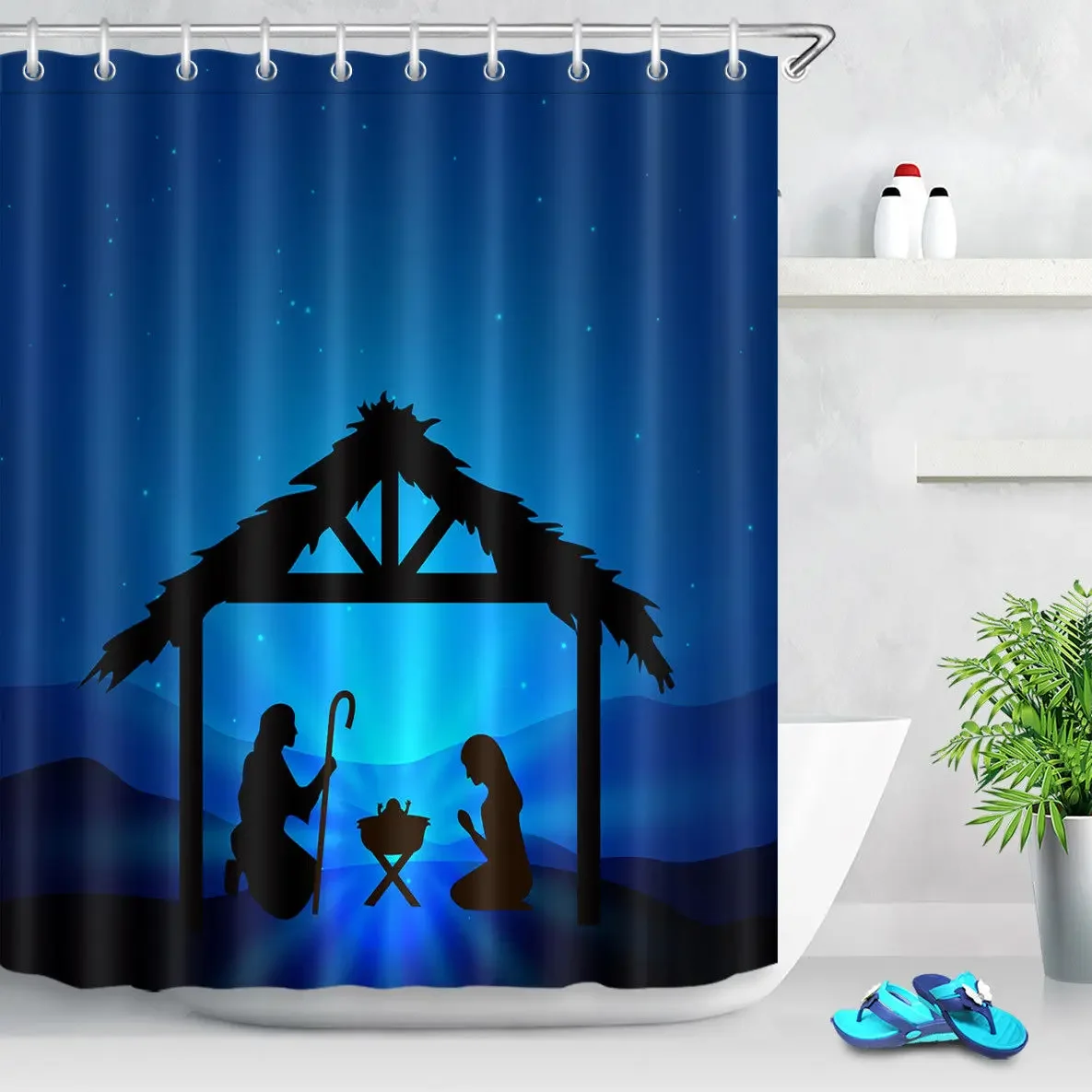 Bathroom Waterproof Fabric Shower Curtain Jesus Nativity Prayer Manger