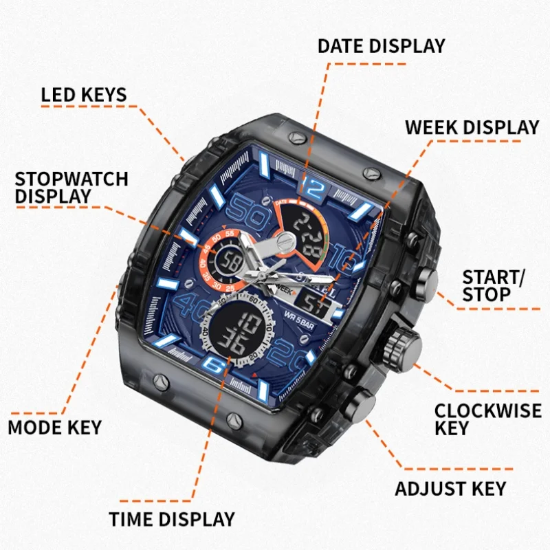 SMAEL 8109 pantalla Dual Digital LED ocio estudiante electrónico + cuarzo multifuncional reloj para hombre cronógrafo 50M impermeable