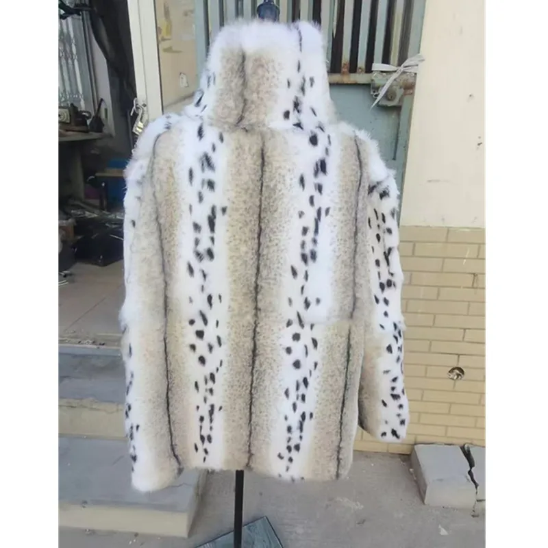 Women's Leopard Print Real Rabbit Fur Winter Coat European American Style Warm Elegant Outerwear