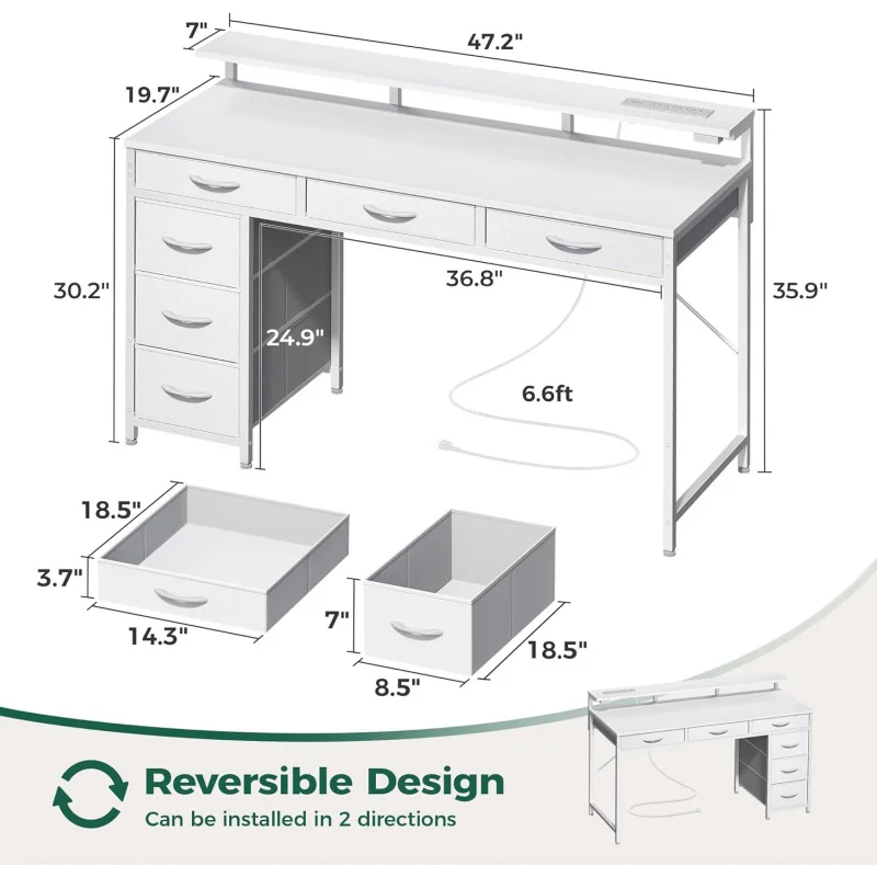 Gaming Desk with 6 Drawers, Computer Desk with LED Lights Power Outlets and Type-C, 47 Inch Office Desk with Storage, Monitor St
