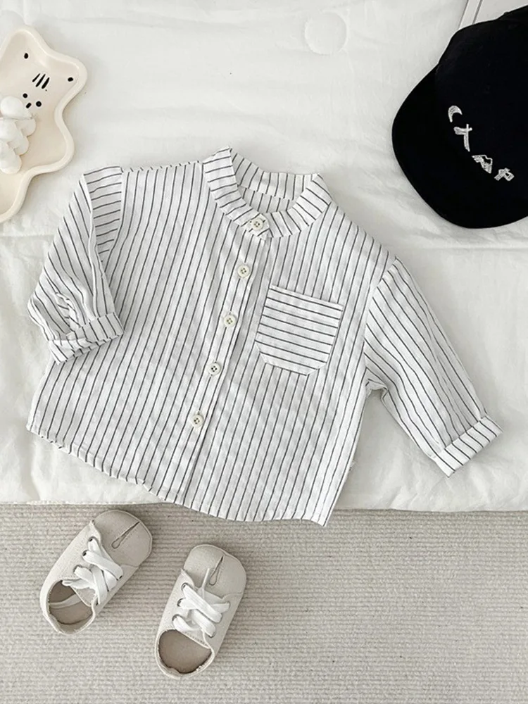 Autunno neonato ragazzi cotone a righe camicia stile occidentale per bambini Casual tutto sciolto vestiti comodi per bambini