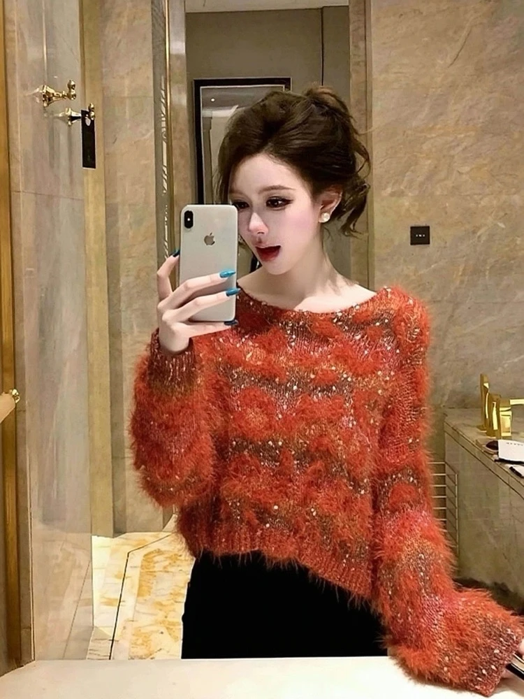 

iny Tead Plu Knitted Sweater Women's Autumn Winter New Soft Cozy Small Fraance Sle High-End Feeling Long Sve Kni...