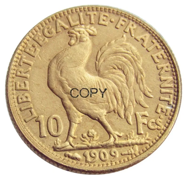 France 10 Francs 1909 Marianne Rooster Gold Plated Copy Coin