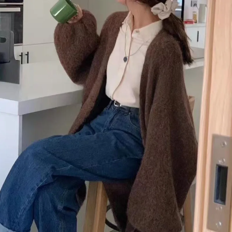Women Open Front Fuzzy Long Knit Cardigan Loose Oversized Long Sleeve Solid Beige Warm Sweater Coat For Autumn Winter Daily Wear