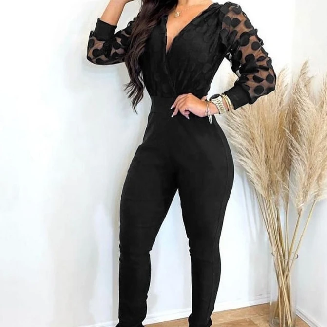 Sexy Elegant Long Jumpsuits New Fashion 2024 Autumn Spring Summer Casual Black V-Neck Mesh Polka Dot Long Sleeved Jumpsuit