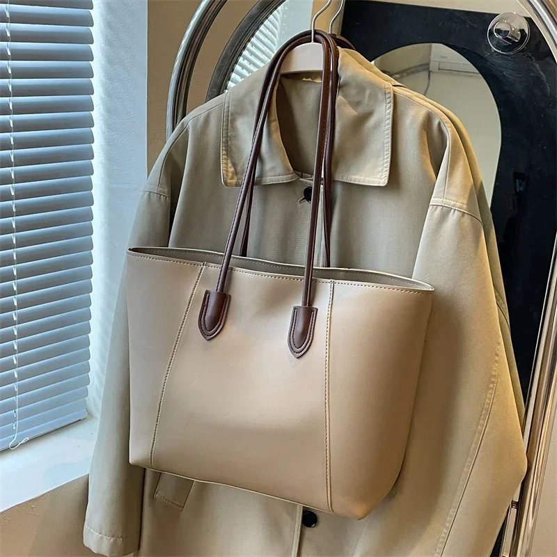 Solid Color PU Shoulder Bag with Zipper Fashionable and Simple, Classic Commuting Style Large Capacity 2024 Casual Handbag