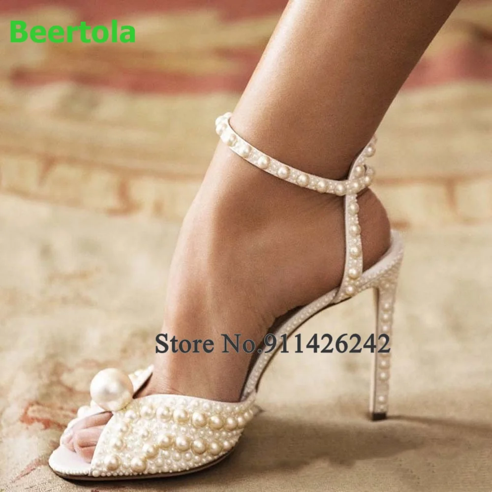 

White Pearl Peep Toe Wedding Sandals For Female Women Thin High Heel Hot Sales Slingback Elegant Shallow Fashion Dress Shoes