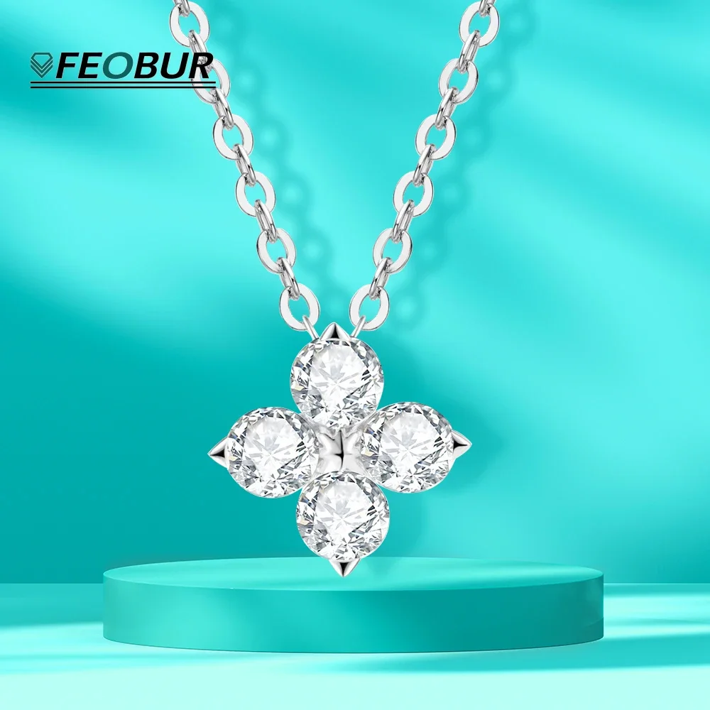 

FROBUR 0.4ct 4-Stone Flower Moissanite Pendant Necklaces for Women 925 Sterling Silver Clover Choker Chain Party Fine Jewelry