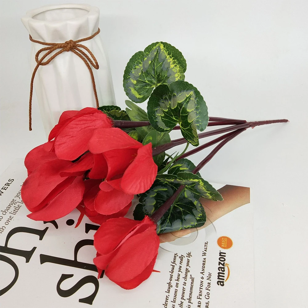 

5Pcs Artificial Cyclamen Silk Plastic Heads with Green Leaves Fake Plant Small Bulb Wedding Home Table Party Decor