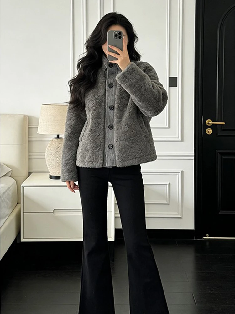 Elegant Grey Lamb Fur Jacket Women's Early Spring Fashion Loose Slimming Warm Top Cleanfit Style Polyester Fiber Long Coat