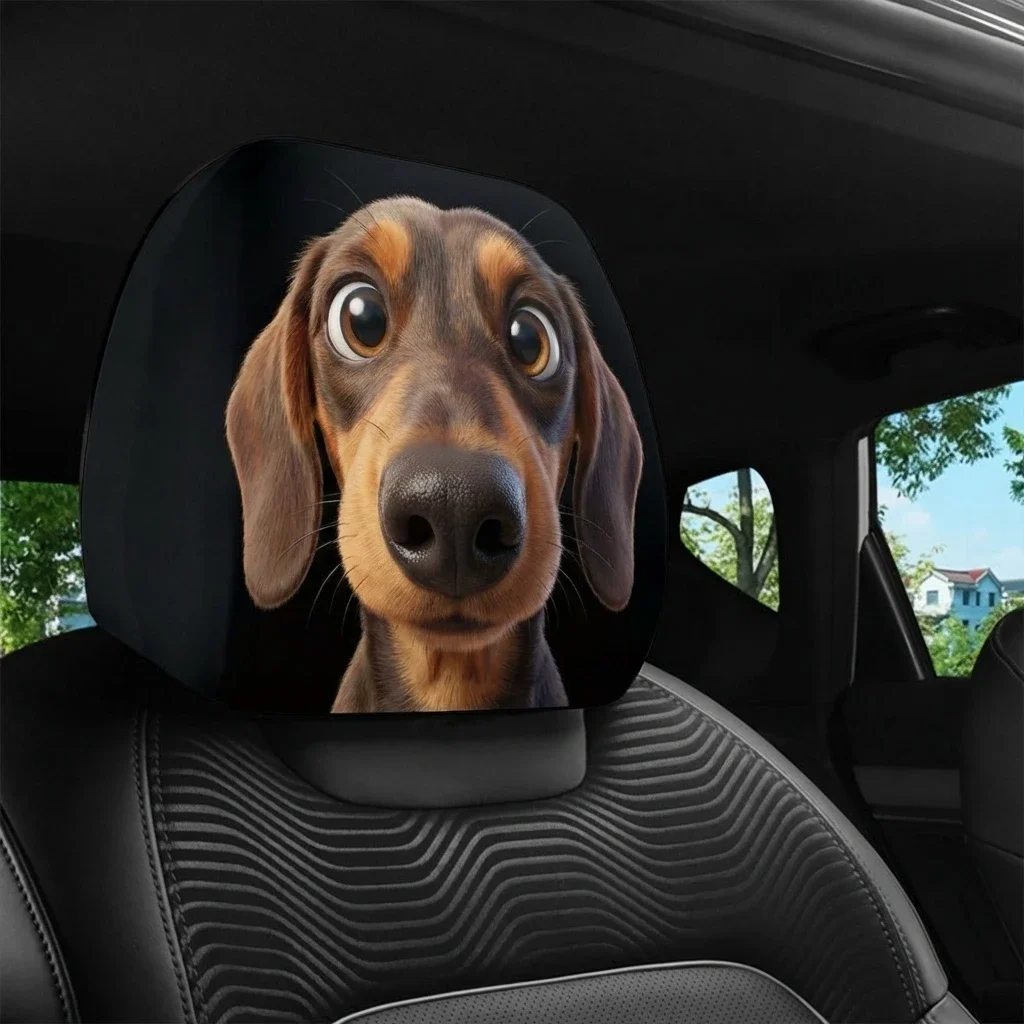 2Pcs Car Headrest Covers Featuring A Cute Dachshund With Big Eyes Does Not Include Filling For Car Decoration
