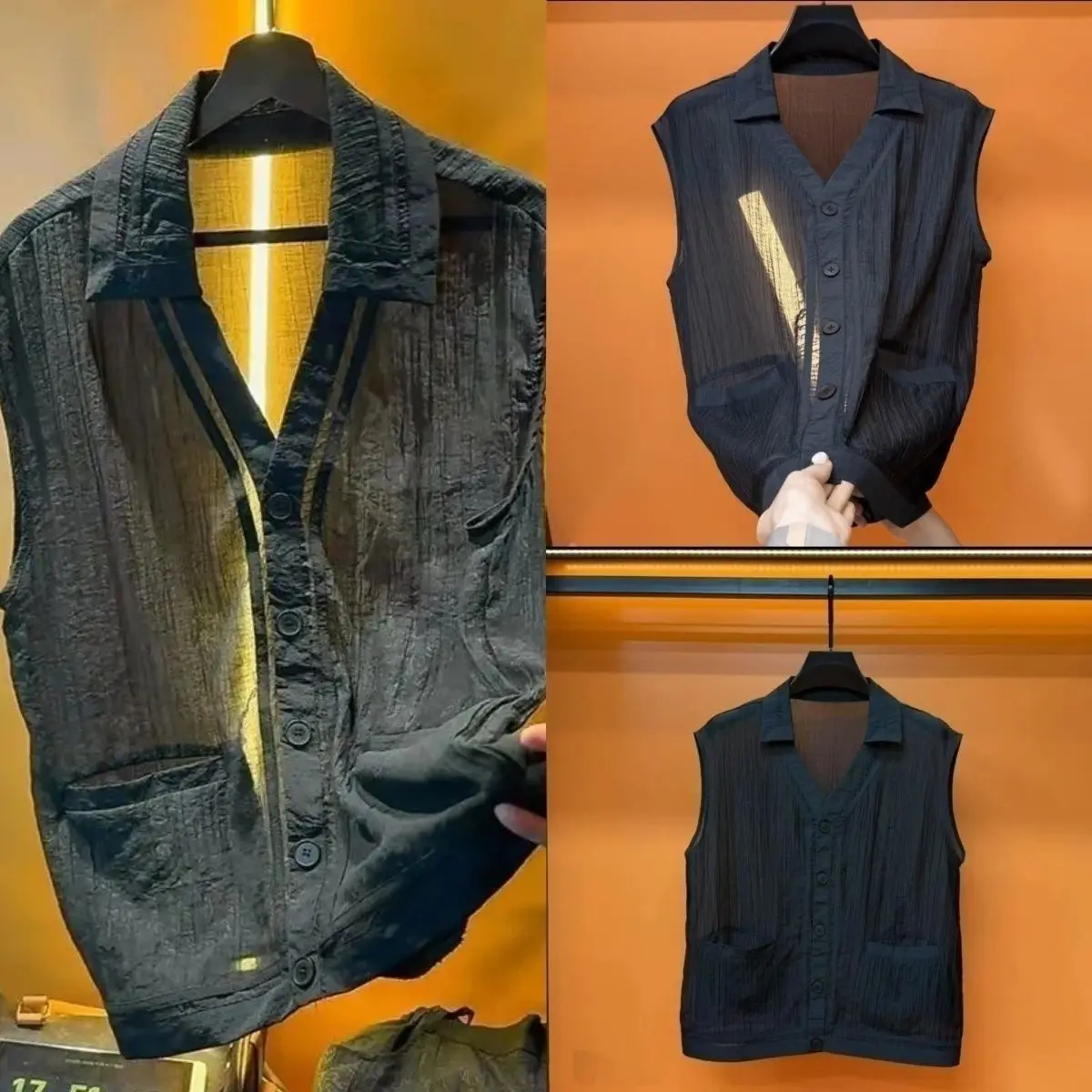 Men's Sleeveless Vest with Turn Down Collar Button Front Solid Color Casual Summer Top